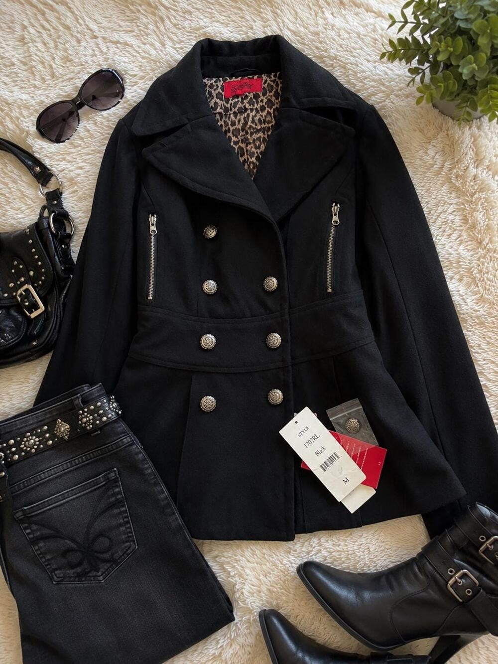 Y2K Black Military Peplum Jacket, Leopard Lined, Silver Buttons (NWT) M